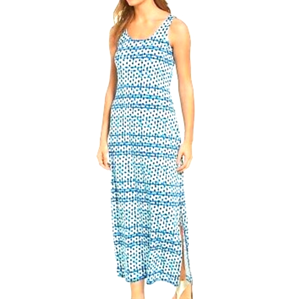 TOMMY BAHAMA Tank Maxi Dress Dot Matrix Print White/Blue (Old Royal) XXS